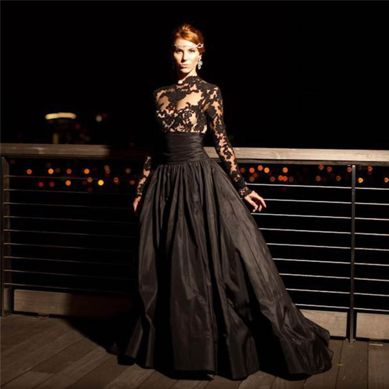 Ball Gown Off Shoulder Appliques Short Sleeve Black Lace Evening Dress ...